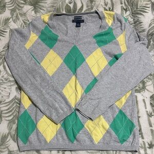 Tommy Hilfiger Gray Sweater with Green and Yellow Argyle